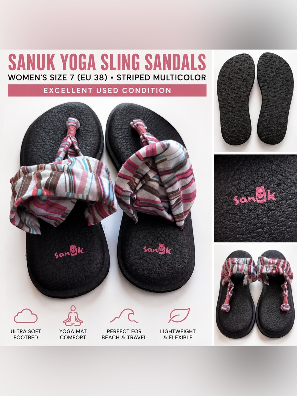 Sanuk Yoga Sling Sandals Striped Pink Blue Brown Women’s Size 7 Boho Comfort